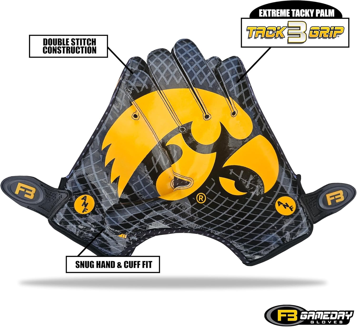 Scale Wear Design University of Iowa Hawkeyes Football Gloves with Super Stick-Tach Silicone Grip Palms. Men's & Youth Boys Sticky Football Receiver Gloves (Black, Adult-M)