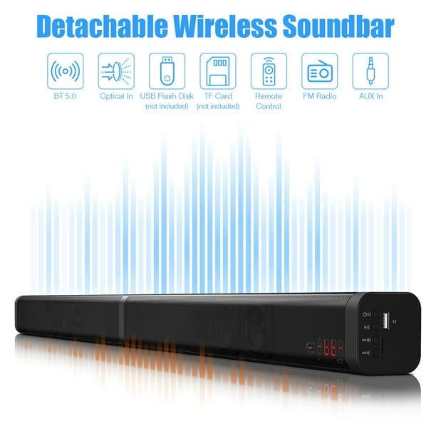 Sound Bar，40W Detachable Wireless Soundbar with Builtin Subwoofer, AUX