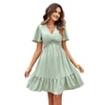 thumbnail image 1 of Robe d'Été Boho à Pois Courte en Dentelle Col en V Manches Courtes Robe Fluide Ligne A Mini Robe Vert Clair TG, 1 of 10