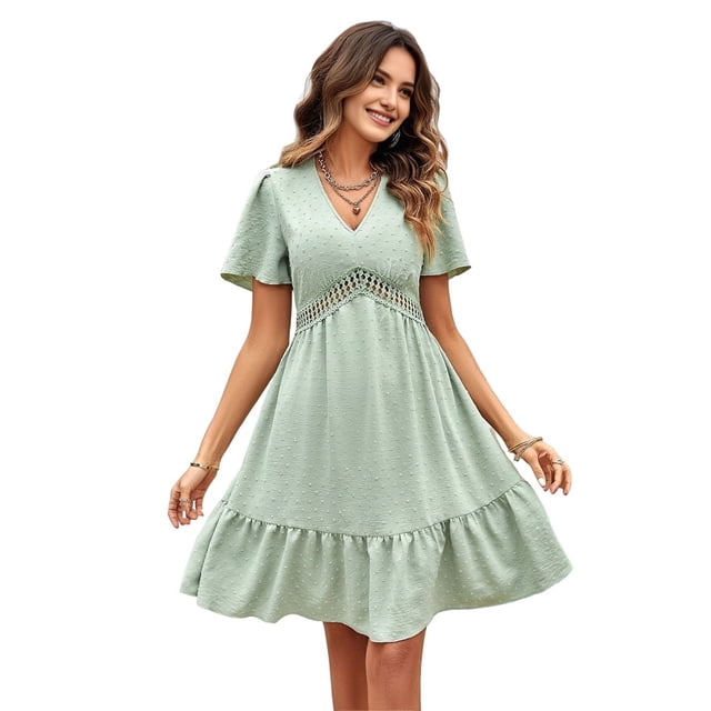 Robe d'Été Boho à Pois Courte en Dentelle Col en V Manches Courtes Robe Fluide Ligne A Mini Robe Vert Clair TG