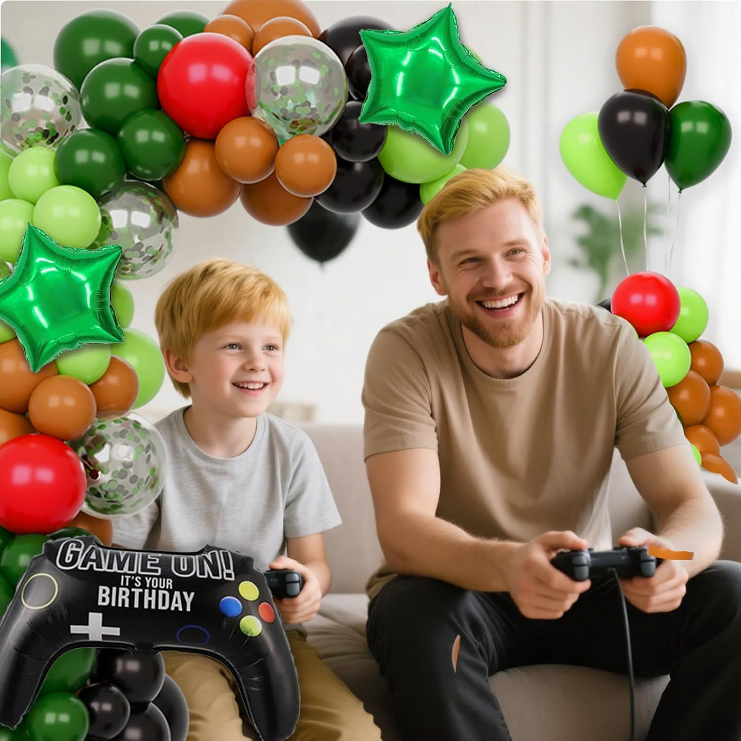 Balloon Arch Garland with Green Brown Black Balloons and Star Confetti for Video Game Theme Birthday Baby Shower Graduation Party Decorations