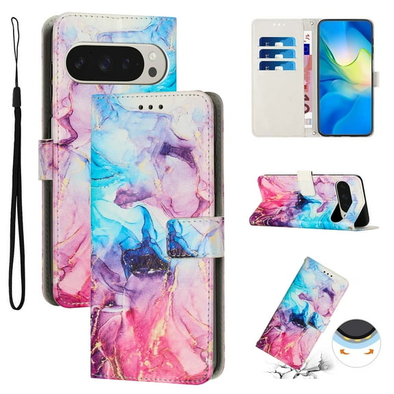 for Google Pixel 7 Pro Wallet Case with Card Holder,Women Men RFID Blocking PU Leather Flip Cover Wrist Strap Magnetic Closure Credit Card Slots Marble Patterned Book Style Phone Case,Pink