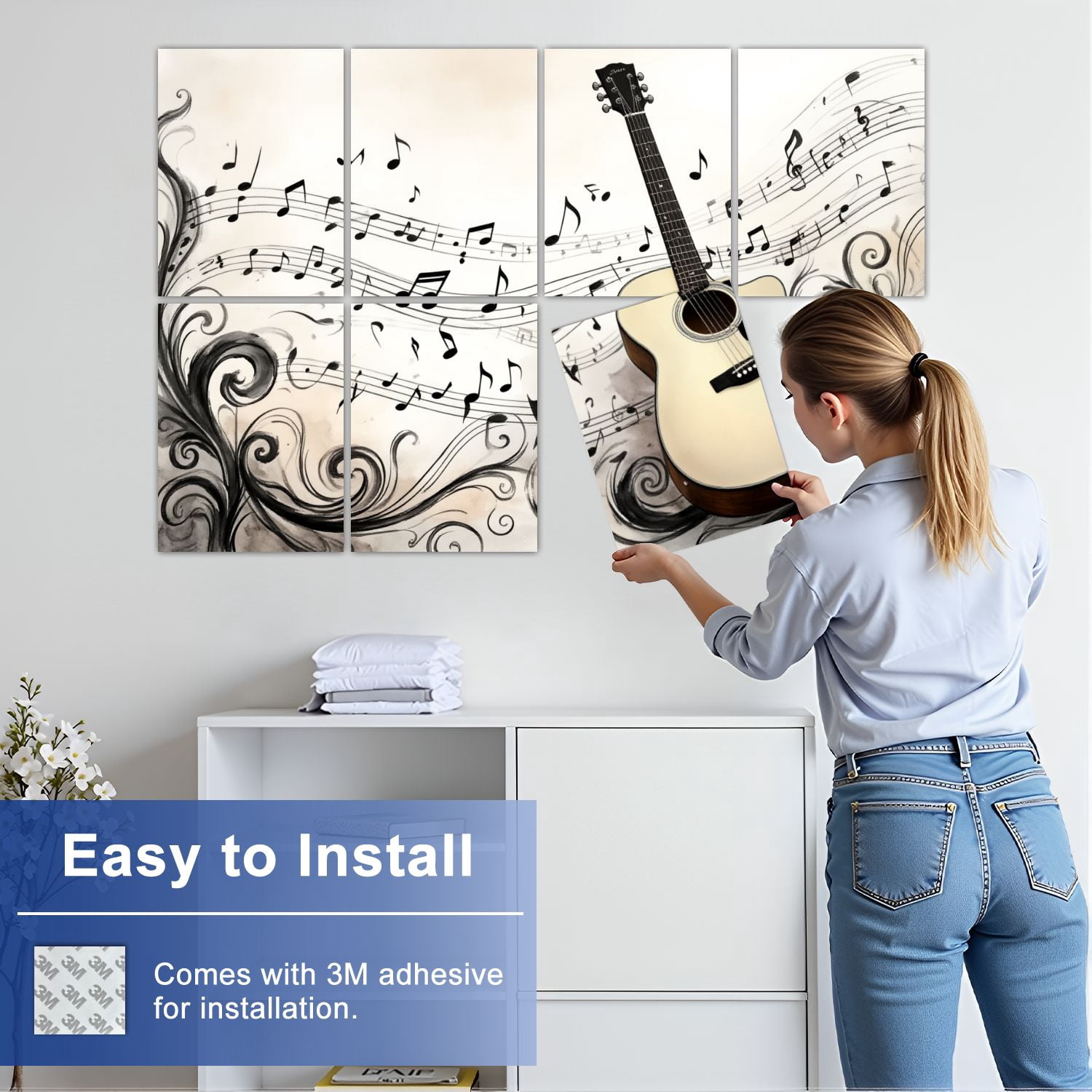 Musical 8 Pack Art Acoustic Panels Sound Absorbing Acoustic Guitar Flowing Musical Notes Abstract Swirls Decorative Soundproof Wall Panels Self Adhesive for Nursery Game Room Music Classroom 48"x32"