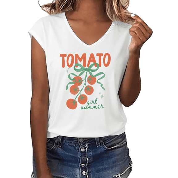 UNISHE Women's Tomato Girl Summer Bow Coquette Aesthetic Graphic V-Neck Casual T-Shirt Top