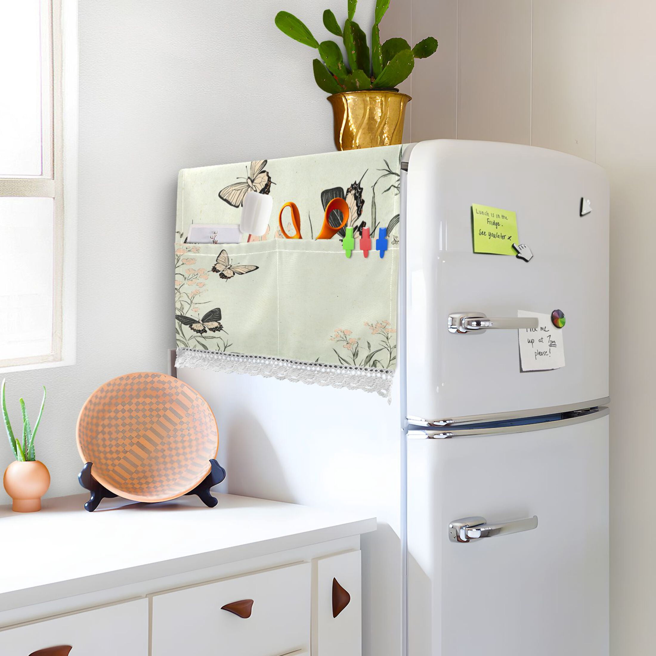 Butterfly Print with Pastel FlowersWasher and Dryer Covers Dust-Proof and Oil Resistant Fridge Cover with 4 Storage Pockets Washing Machine Top Cover for Laundry Kitchen Home 51.2 x 22 In