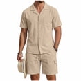thumbnail image 2 of Ceisia Mens Big & Tall 2 Piece Linen Blend Camp Collar Short Sleeve Shirt and Cargo Drawstring Shorts Set Casual Beach Outfit for Men Summer Khaki XXXL Gifts for Father, 2 of 6