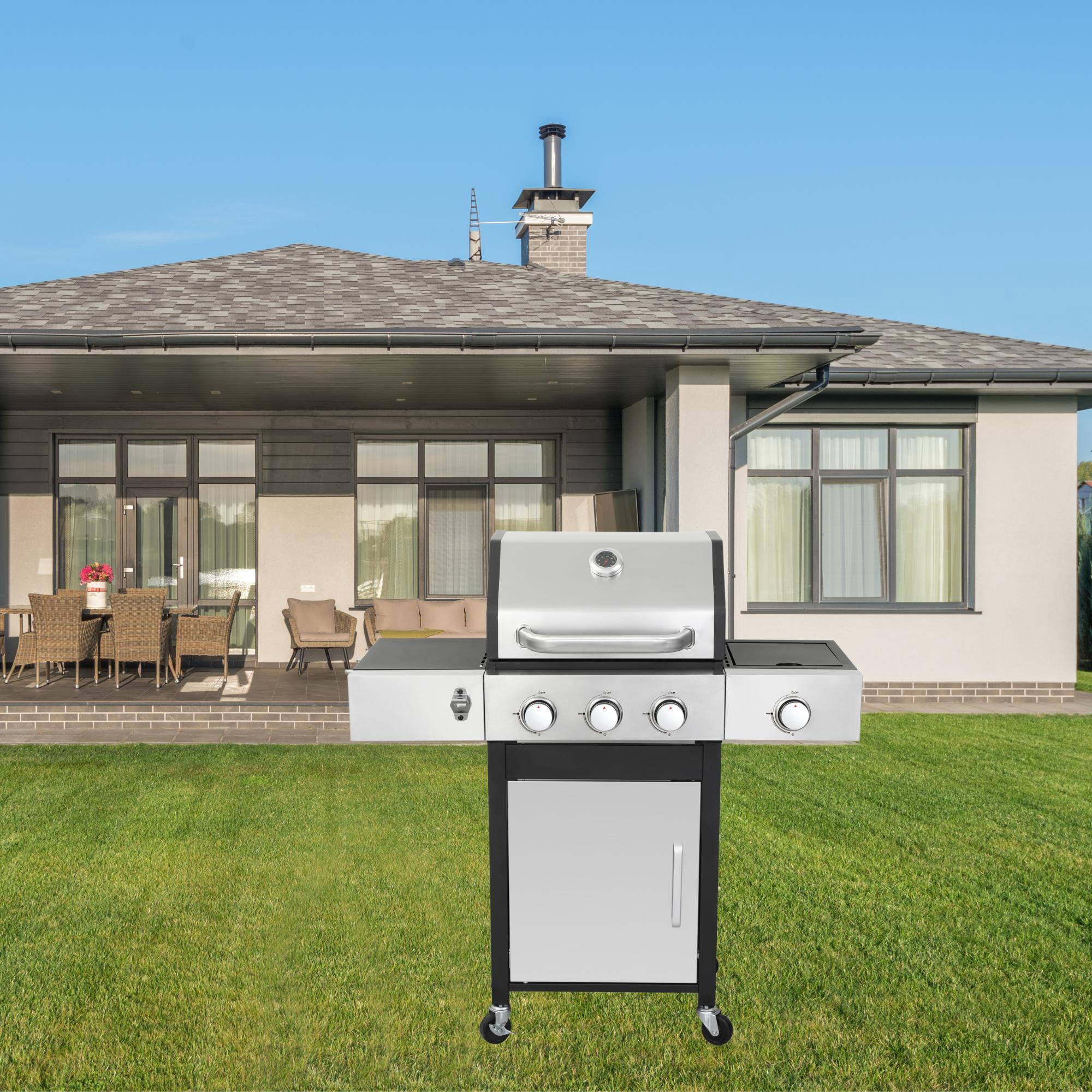 Sumdeal 3-Burner Gas Grill with Side Burner - Stainless Steel BBQ Grill with Wheels, Foldable Side Table, Thermometer, Powerful 37230 BTU, for Backyard, Patio, Outdoor Cooking