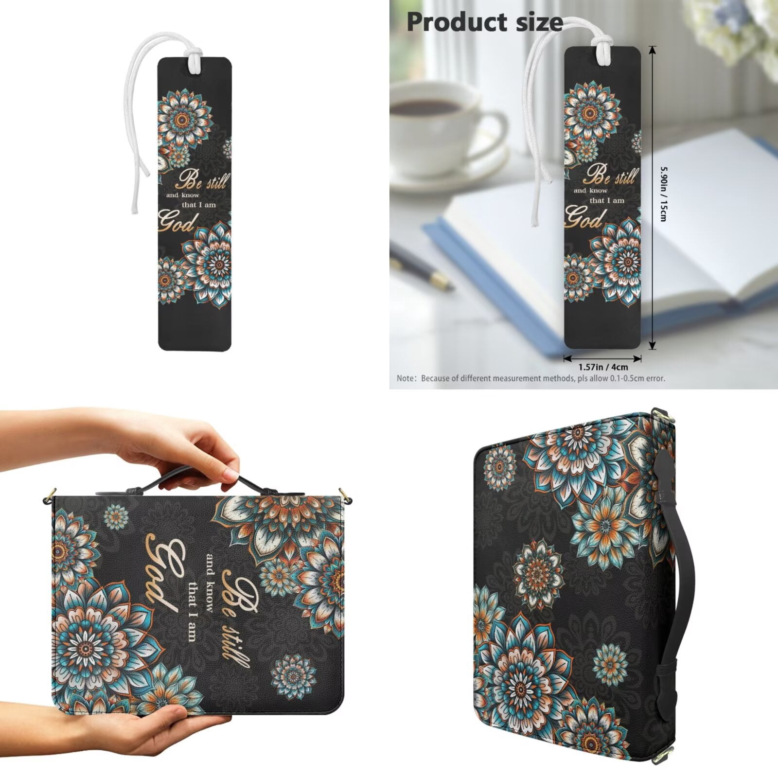Kuiaobaty Boho Mandala Print Bible Cover for Women Men Zippered Carrying Book Case with Leather Bookmark Multi-Pockets Church Bag Bible Protector for Christian Daily, Black