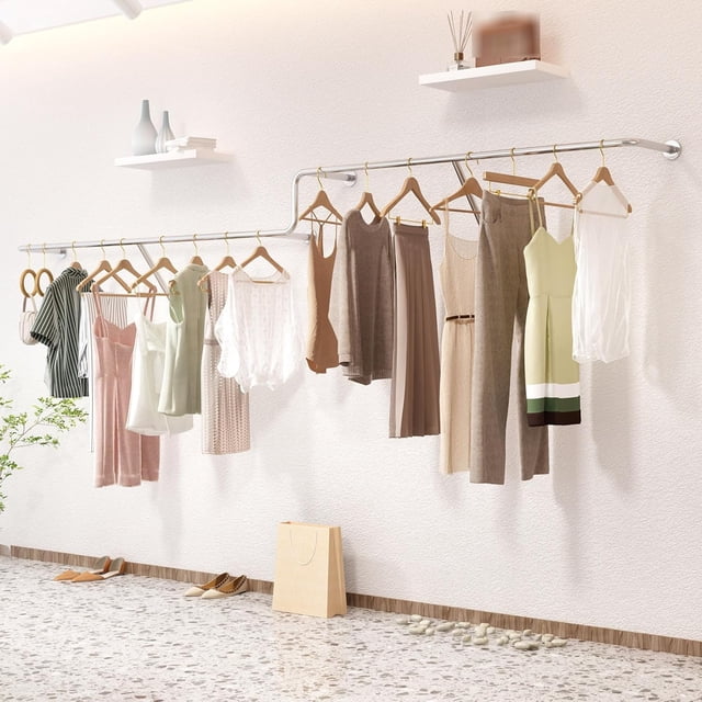 Wall Mounted Garment Rack, Modern Coat Rack Silver Commercial Clothes Clothing Rack,Cloth Display Rack for Retail Boutiques, Heavy Duty Multi-Purpose Hanging Rod for Closet System Storage