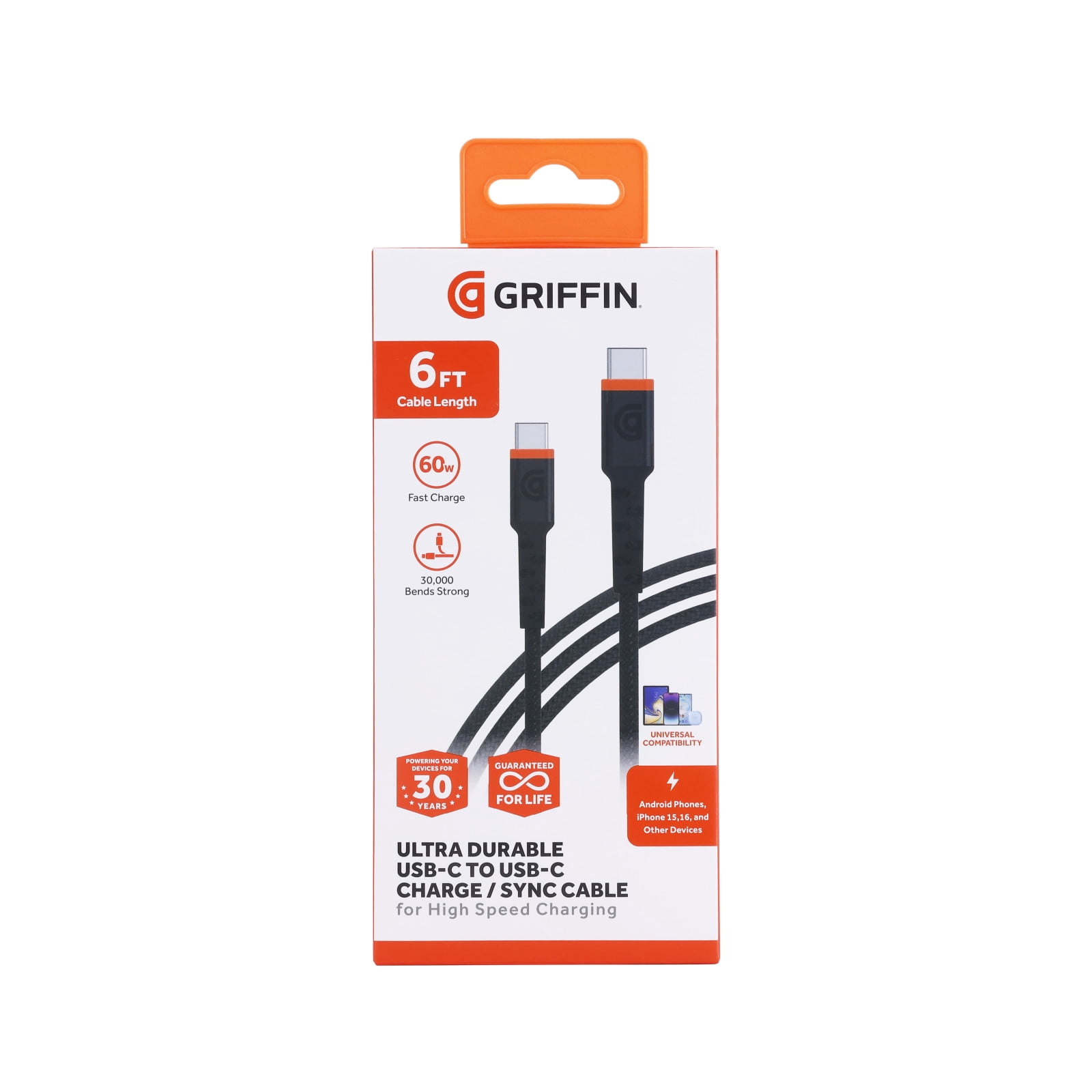 Griffin 6ft Ultra Durable USB-C to USB-C Charge & Sync Cable – Fast Charging, 30,000 Bends Strong, Compatible with Android, iPhone, Tablets, USB-C Device, High-Speed Charging Cable