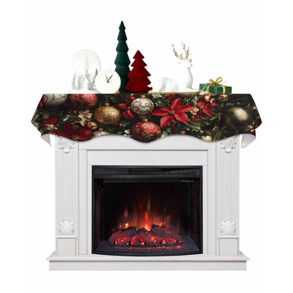 Christmas Fireplace Mantel Scarf Table Runner, Poinsettia Xmas Balls Snowflake Winter Garland Mantel Top Tablerunners Dresser Scarves Cover Decorations for Windows Party Living Room 60''x17''