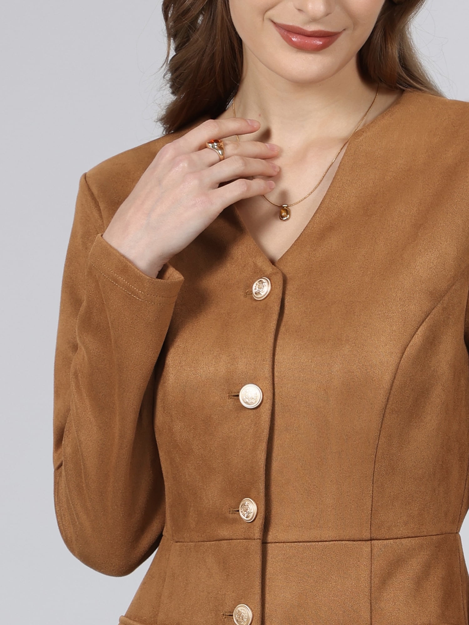 DARING DIVA Women's Faux Suede Button Down V Neck Long Sleeve Dress S Brown