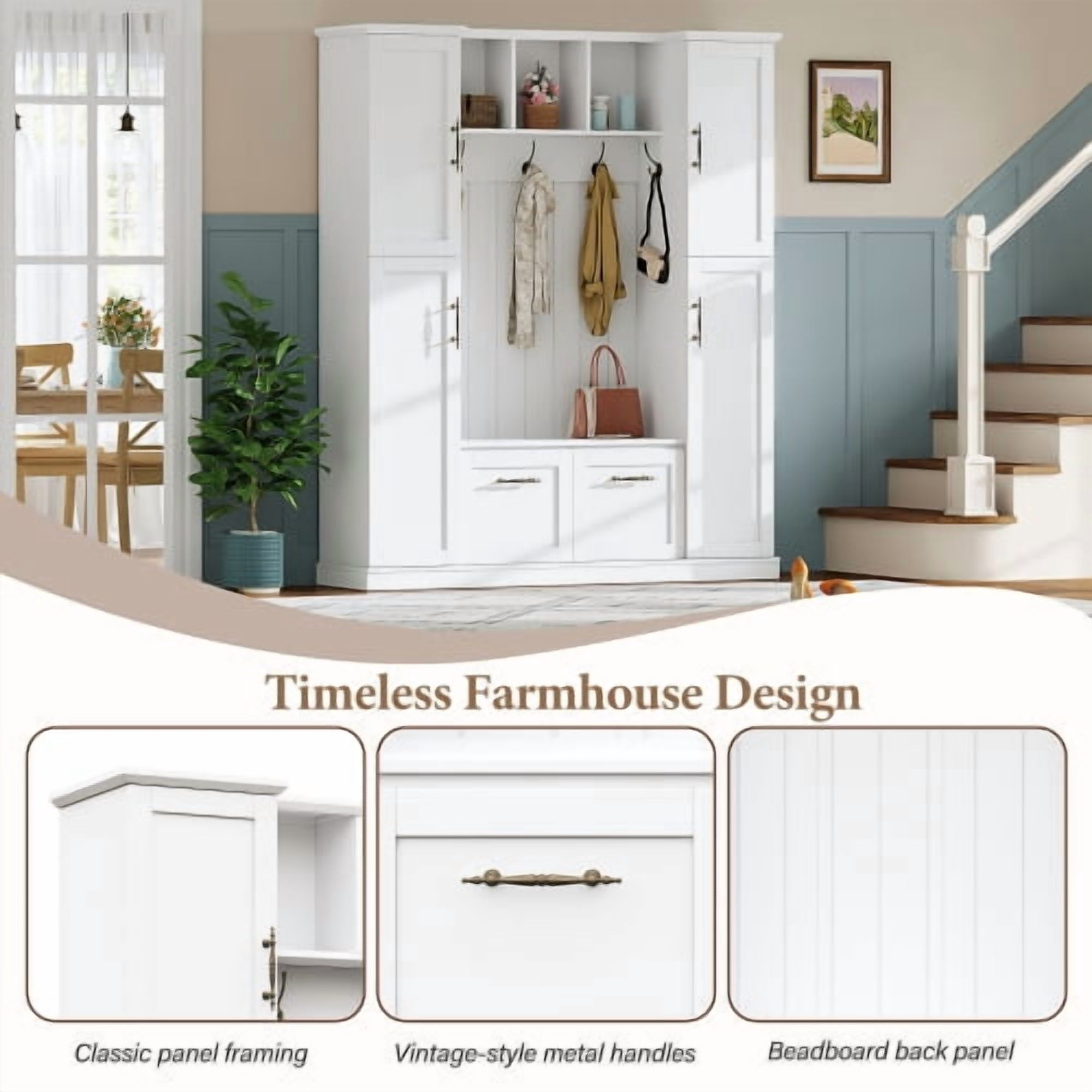 Farmhouse Hall Tree with Bench, Beadboard Back Panel, 4 Side Cabinets, Adjustable Shelves, Open Cubbies, Coat Rack & 5 Hooks, Entryway Mudroom Furniture, White