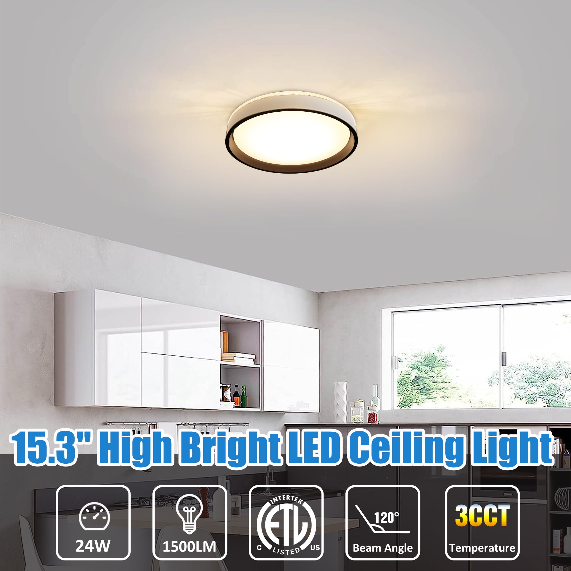MingBright 15 Inch Modern Round Light Fixtures Ceiling Mount Dimmable, 24W LED Ceiling Light, 3000K/4000K/5000K 3 Color Temperature for Bedroom, Kitchen, Living Room,Bathroom