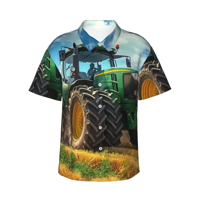 Balery Green Tractor Field Camisas hawaianas de manga corta para hombre, camisas playeras de corte holgado, camisas de vacaciones con botones,3X-Large