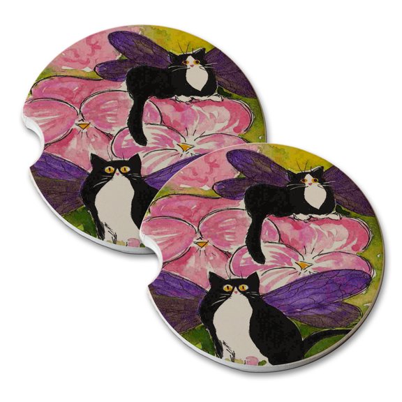KuzmarK Sandstone Car Drink Coaster (set of 2) - Tuxedo Kitty Fairies with Pink Pansies Fantasy Cat Art by Denise Every