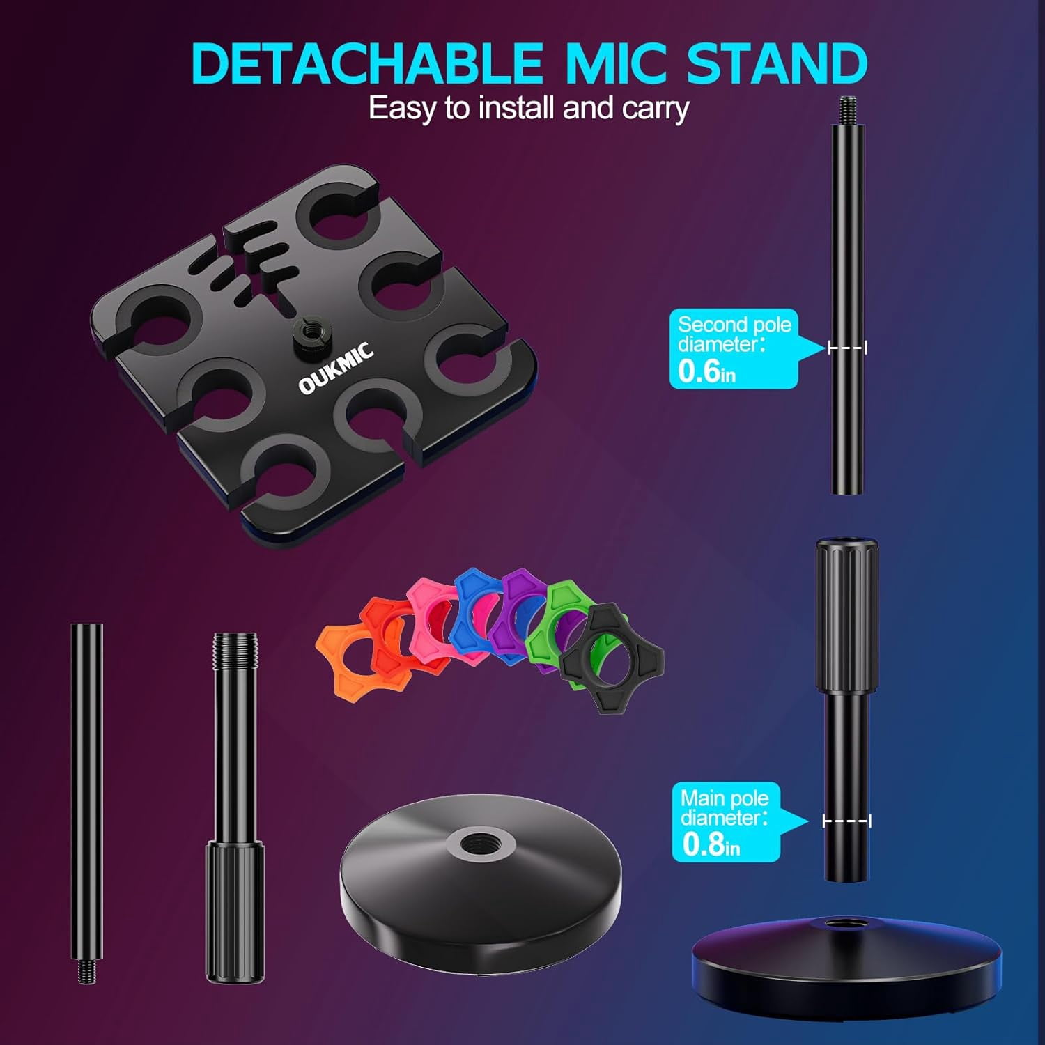 Multi Microphone Holder with Desktop Mic Stand, Square Tray with  Slots Holds  to 7 Mics, Wired and Wireless Mic Holder for Stage Organizer and Display-7 Anti-roll Rings Included