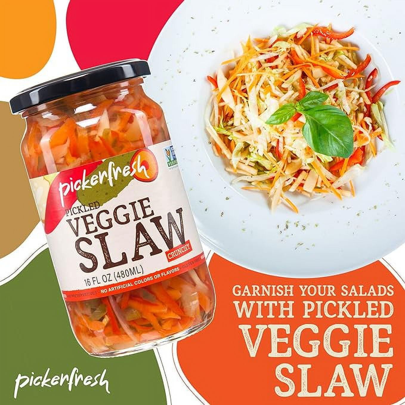 (3 pack) Pickerfresh Pickled Veggie Slaw, 16 oz Glass Jar, 1 Count