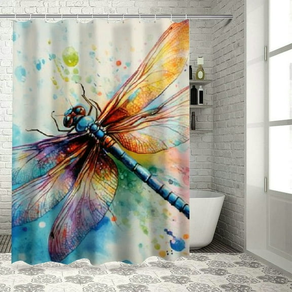 Patifu Dragonfly Watercolor Painting Shower Curtain Set with Hooks 36"x72