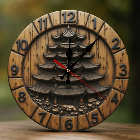 Wall Clock Decorative - Rustic Brown Pagoda Print 2D Vintage Wall Clocks Battery Operated Silent Non-Ticking for Bedroom, Living Room, Kitchen, Office, Classroom, 10 Inch