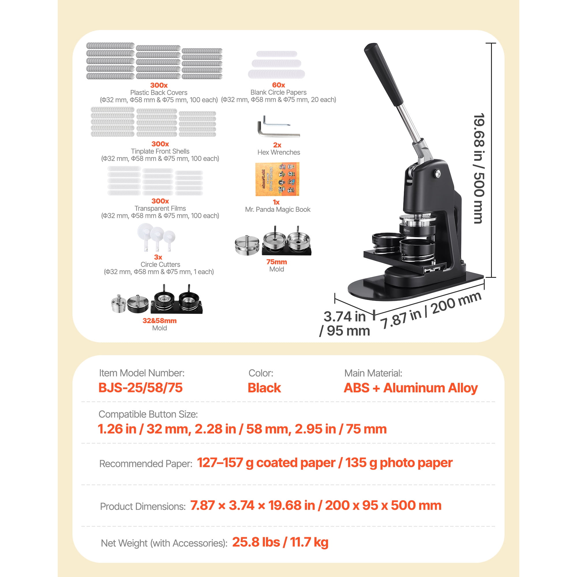 KFFKFF 3-in-1 Button Maker Machine, 1.26/2.28/2.95 inch,Plastic Pin Press with 300 Button Components, Circle Cutter, and DIY Guidebook,Sturdy Ergonomic Handle, Ideal for Custom Badges and Pins, Black