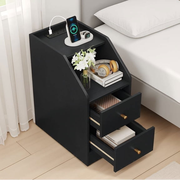 Resenkos Side End Table with Charging Station, Sofa Couch Table with Shelf Drawer for Living Room, Bedroom, Black