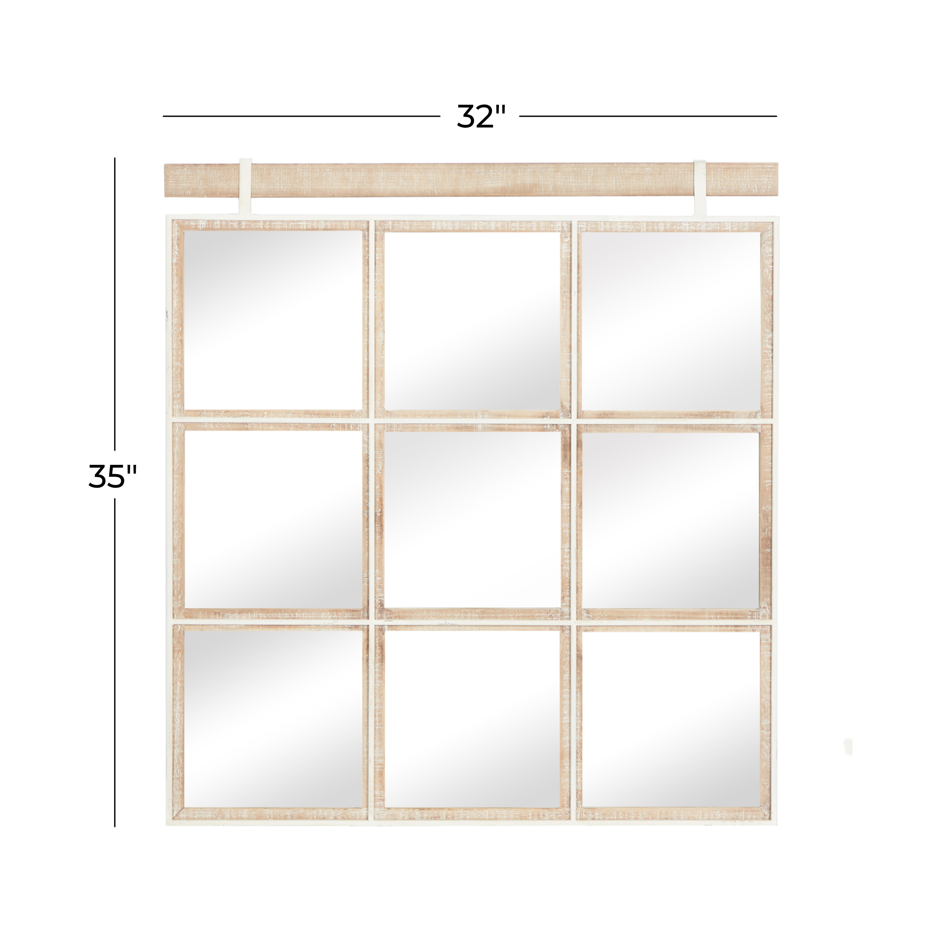 DecMode 32" x 35" Brown Grid Window Inspired Wall Mirror
