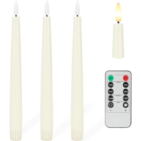 Flameless Taper Candles with 3D Wick, 9.6" Real Wax LED Candles with Remote and Timer, 3 Pack Flickering Candlesticks Battery Operated, Classic Tall Taper Candles for Home, Wedding, Party, Ivory