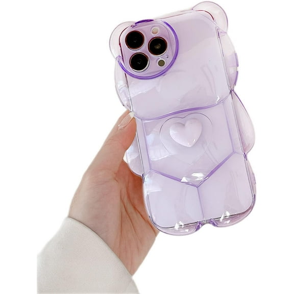 Compatible with iPhone 14 Pro Max Clear Case Cute Cartoon Bear for Women Girls Girly Kawaii Case 3D Heart Design Camera Lens Protective Soft Slim TPU Shockproof Cover for iPhone 14 Pro Max