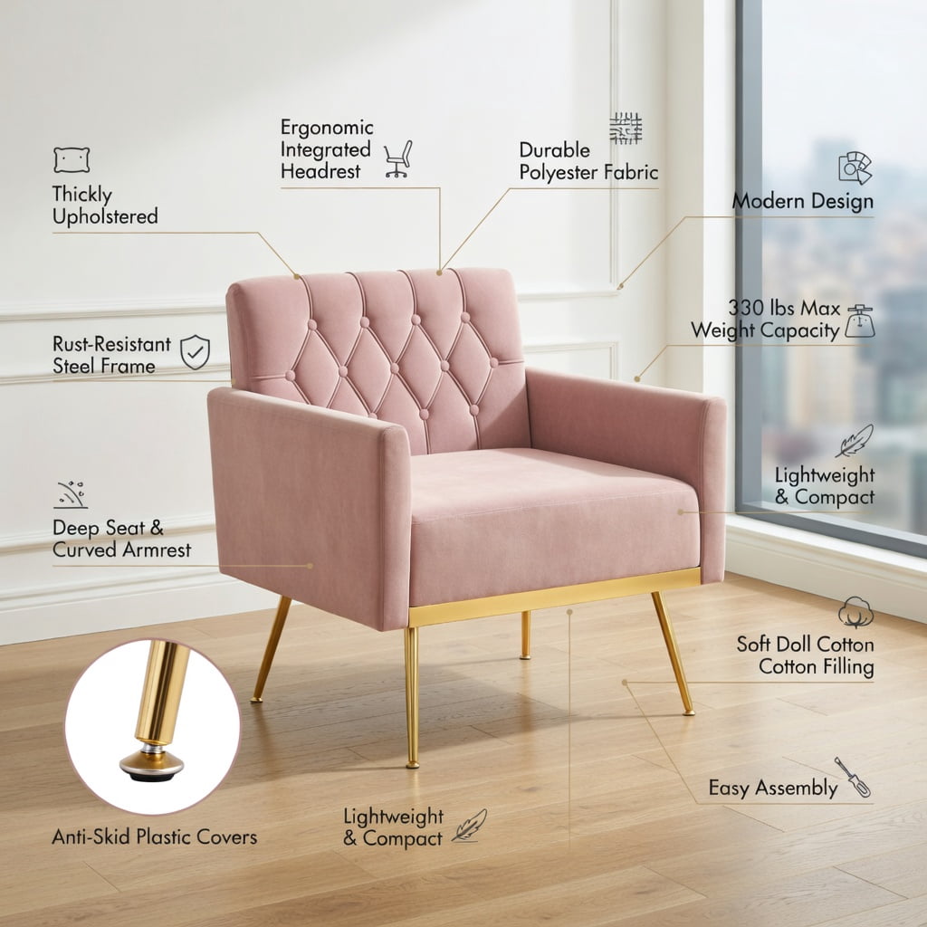 Kadyn Accent Chairs,Modern Velvet Accent Chair with Button Tufted Back Golden Metal Legs and Adjustable Foot Pads-Pink