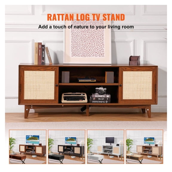 Rattan TV Stand for 75 Inch TV, Boho Entertainment Center with Rattan Doors, Walnut Modern Media Console with Socket & Shelves