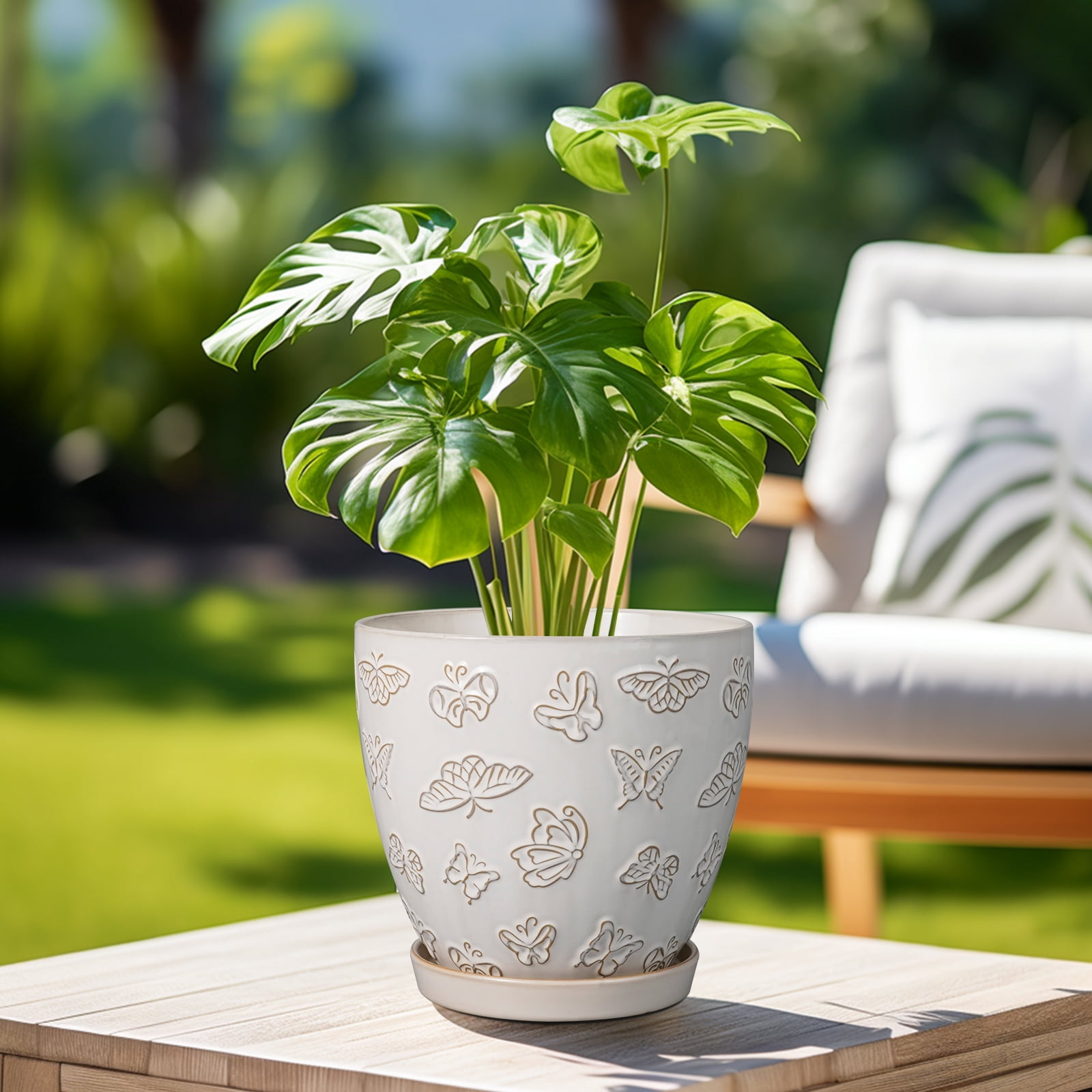 Ordivic 8 inch White Ceramic Planter with Saucer & Drainage, Rustic Decorative Vintage Flower Pots for Indoor Snake Plants,African Violet