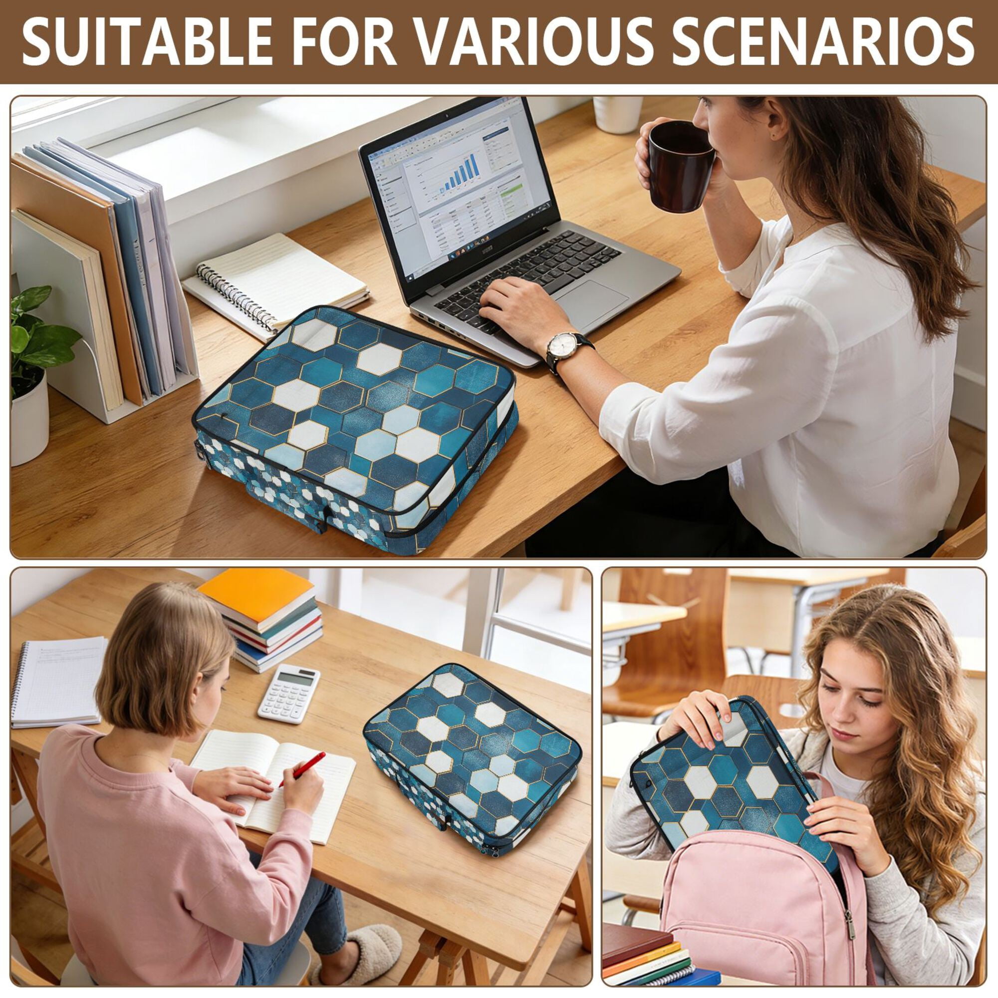 FORMRS Accordion File Folder A4 Size 7-Pocket Expanding Document Organizer Bag with 3 Ring Binder, Dark Blue Hexagon Patterns
