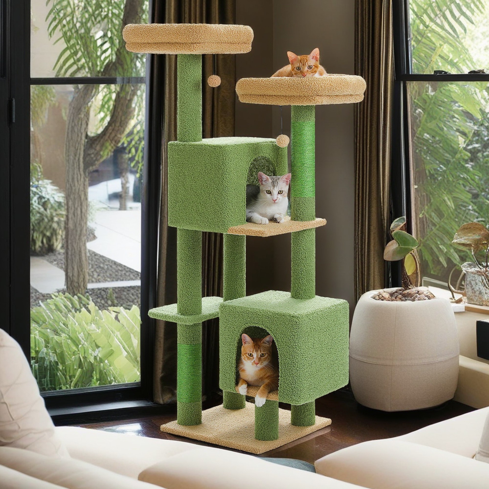 resenkos 52" Cat Tree Tower with 2 Scratching Posts, 2 Perches, 2 Caves, Pompoms, Multi-Level Plush Cat Condo for Indoor Cats, Green