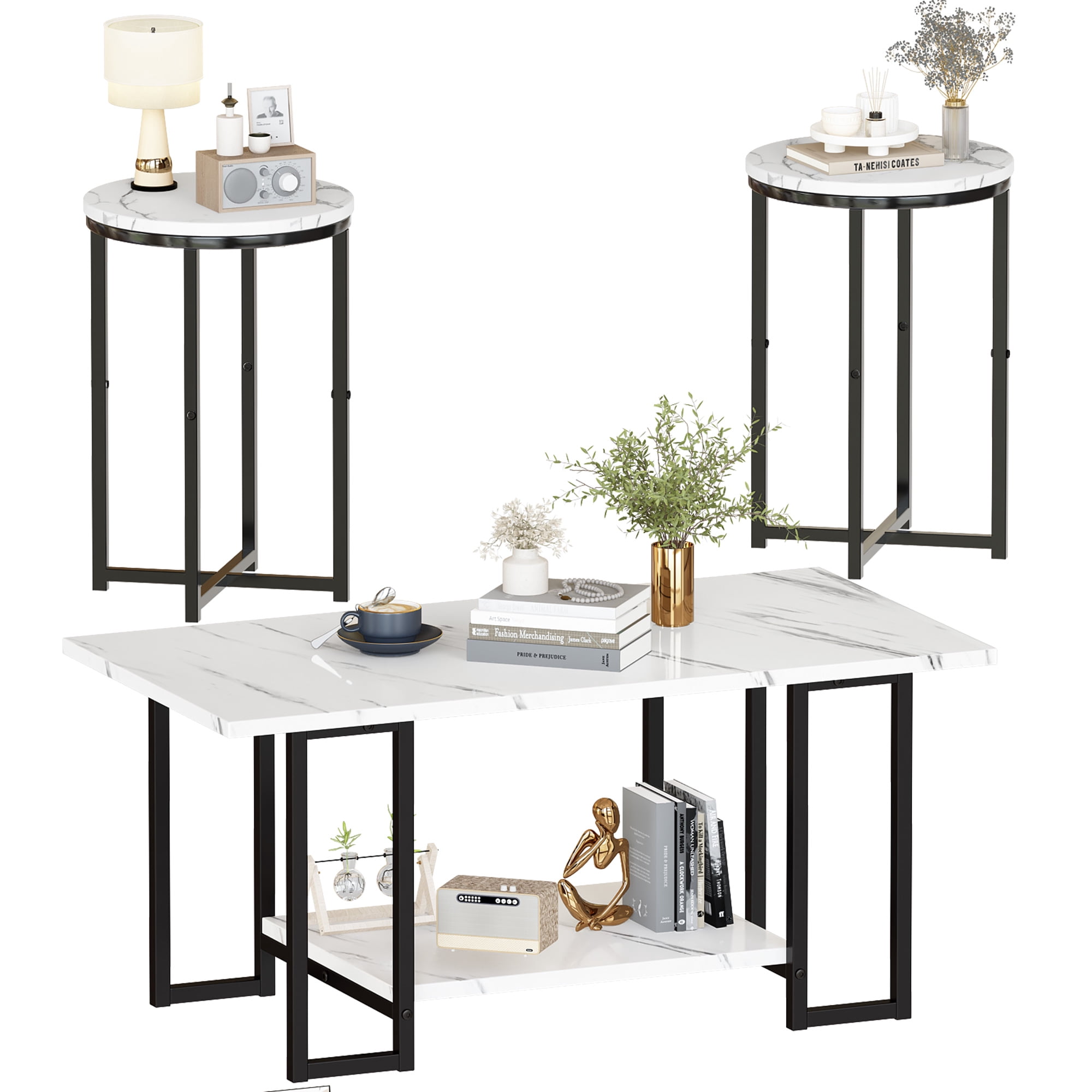 Baxluxe Coffee Table Set of 3, Faux Marble Coffee Table with 2 Round End Side Tables, Modern Living Room Table Set with Metal Frame for Apartment Home Office Small Place, White