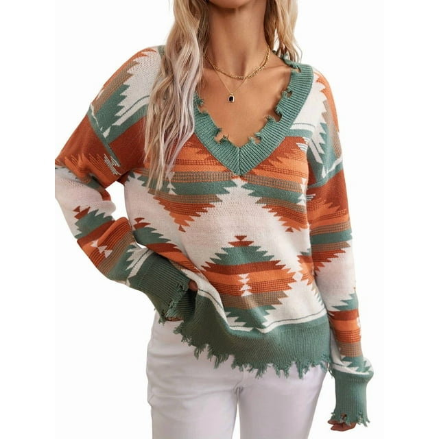 Woman Western Aztecs Knit Sweater Long Sleeve Vintage Geometric Pullover V Neck Distressed Cropped Sweater Green M