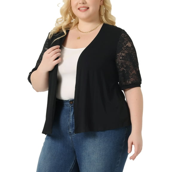 DARING DIVA Plus Size Lightweight Lace Half Sleeve Open Front Cardigan 1X Black