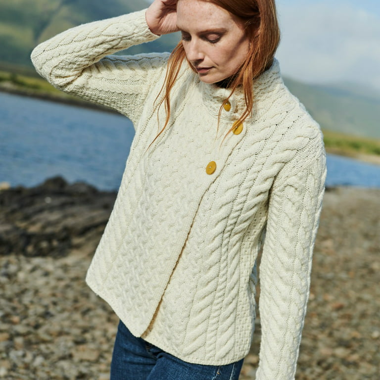 Aran Button Neck Merino Wool Cardigan Women's Irish Asymmetrical Multi  Cable Knitted Sweater Made in Ireland 