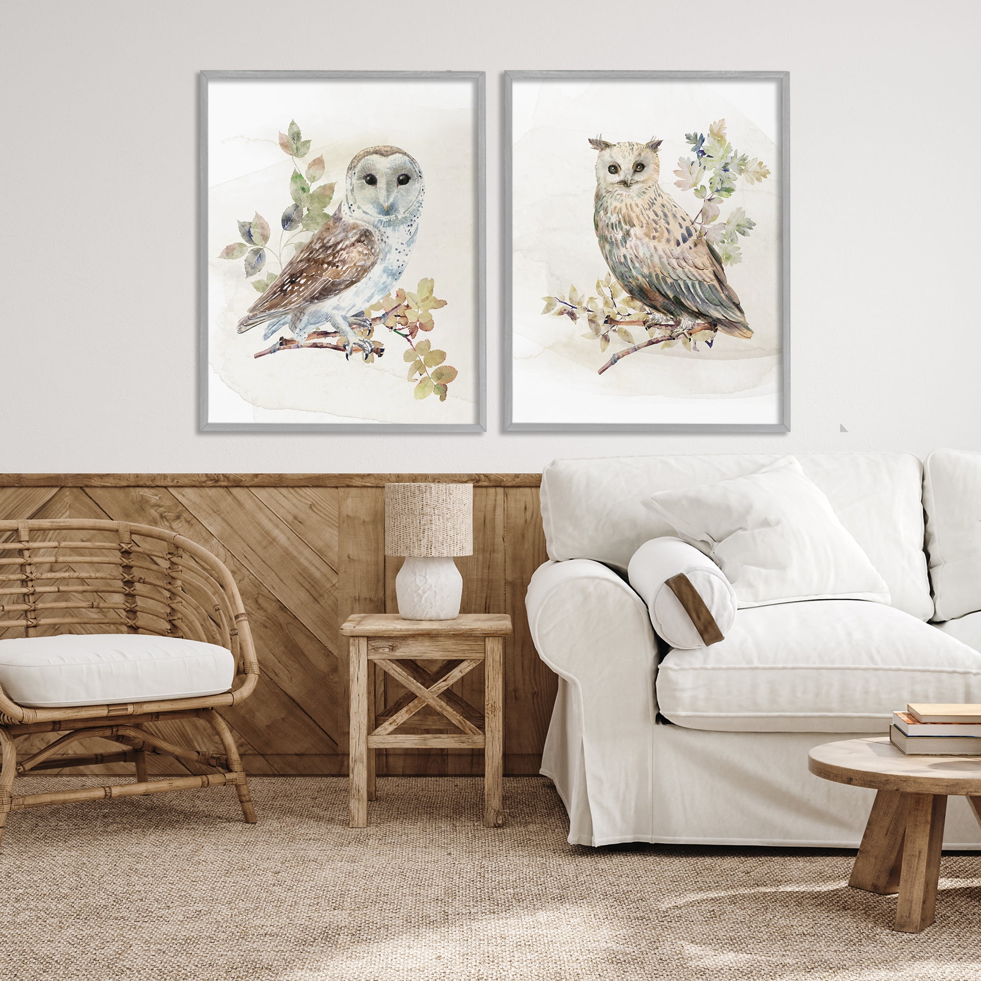 Stupell Industries Owls Perched in Foliage 2 Piece Gray Framed Giclee Art Set, design by CAD Designs