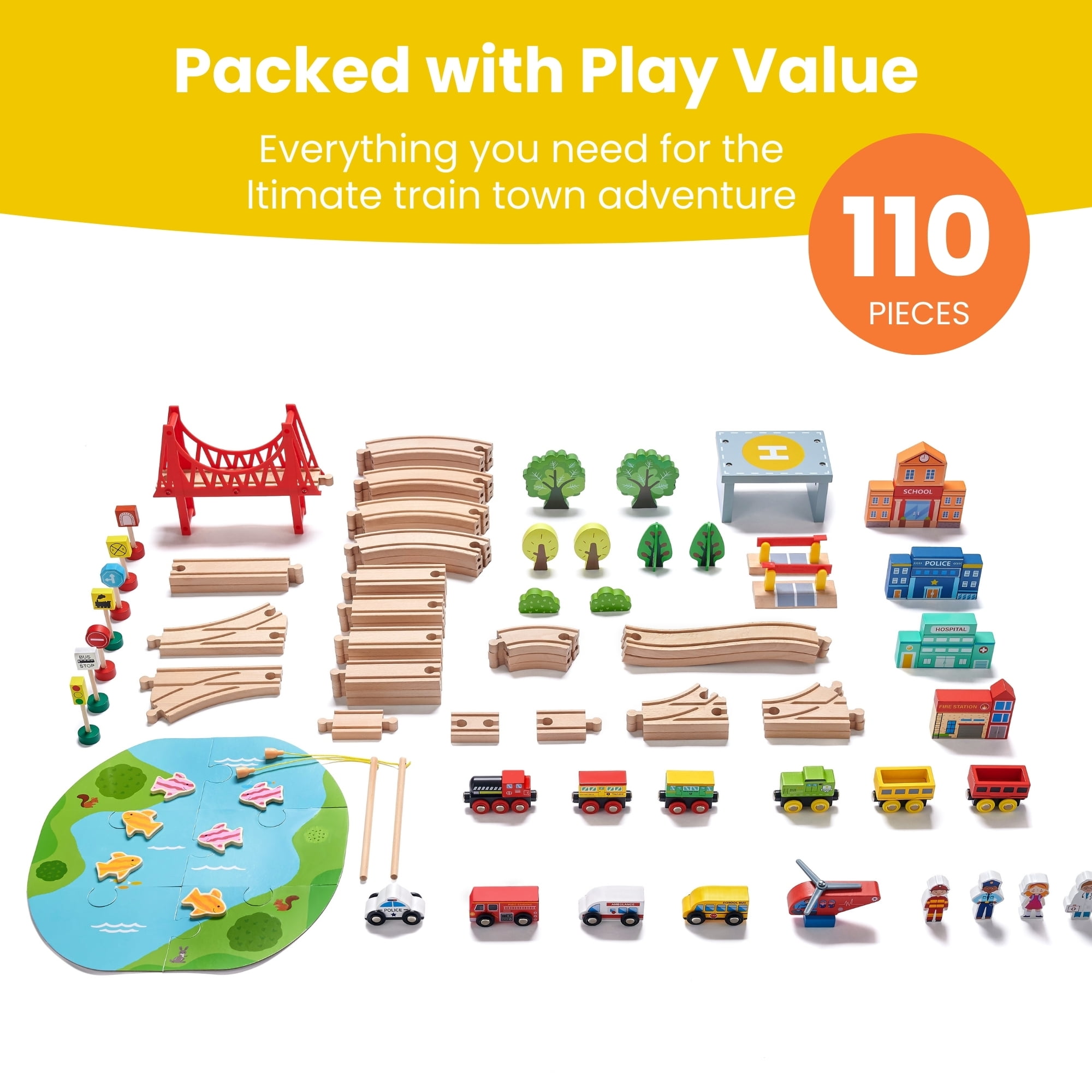 Tiny Land 110-Piece Wooden Train Set with Track, Ideal for Ages 3-7, Wooden Toy for Boys & Girls