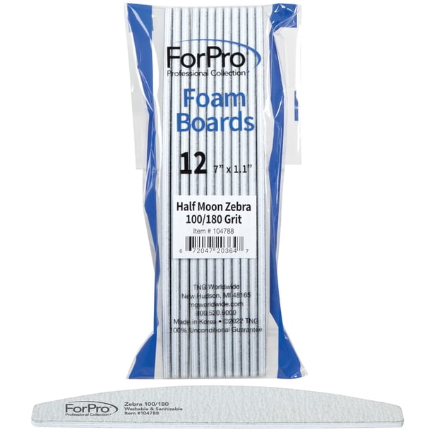 Forpro Professional Collection Tablas De Espuma De Media Luna Zebra, Grano 100/180, Limas De Uñas De Doble Cara Para Manicura Y Pedicura, 7 Largo X 1,1 Ancho, 12 Unidades