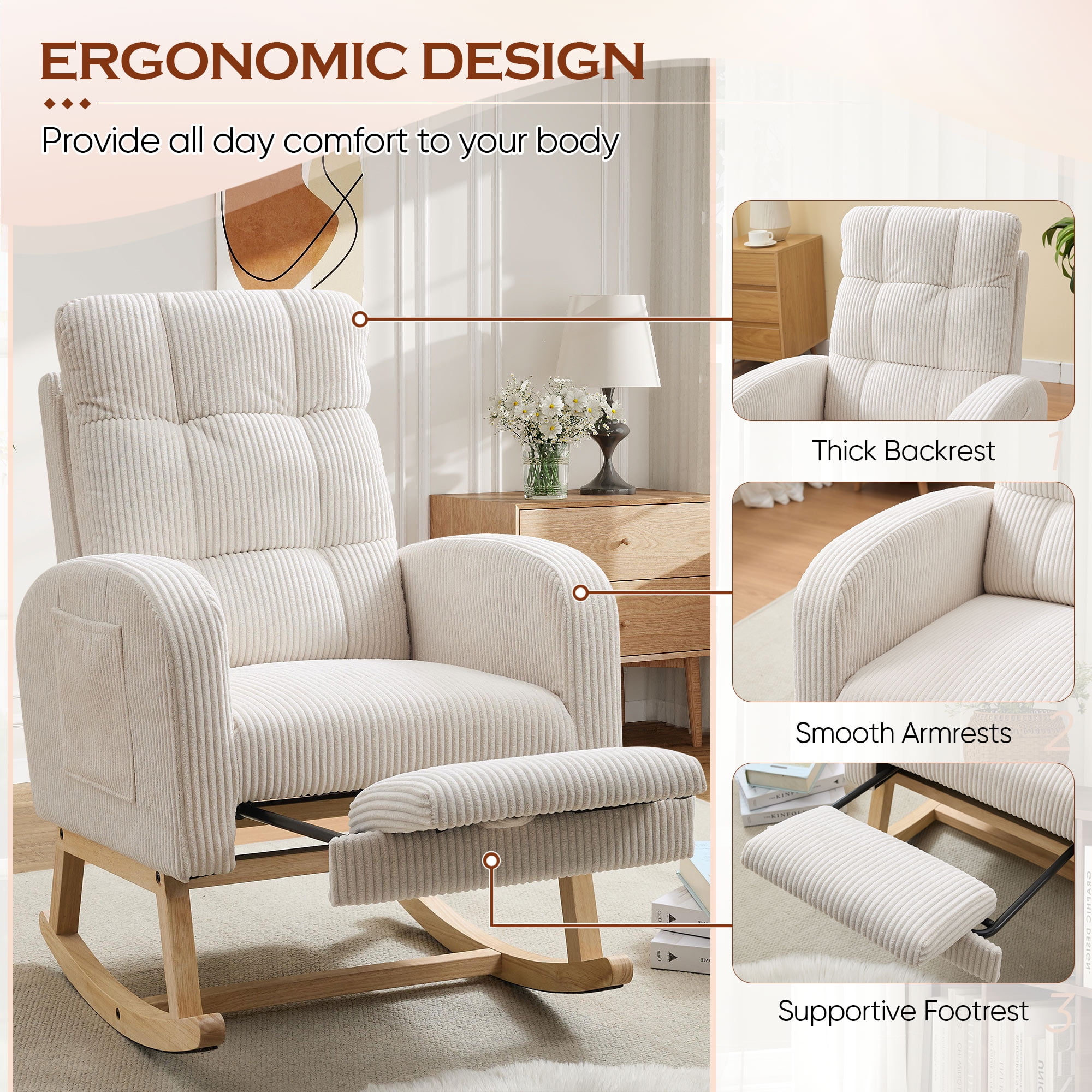 FFH Rocking Chair with Footrest, Rocking Chair for Nursery, Corduroy Armchair with High Backrest and Side Pockets, Accent Chair for Living Room, Bedroom, Beige
