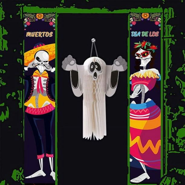 Suministros de decoración para fiestas de los Días Mexicanos de los Muertos, letrero para puerta de porche, suministros para fiestas del Día de los Muertos, decoraciones para fotomatón, decoraciones de Halloween para interiores y exteriores ER