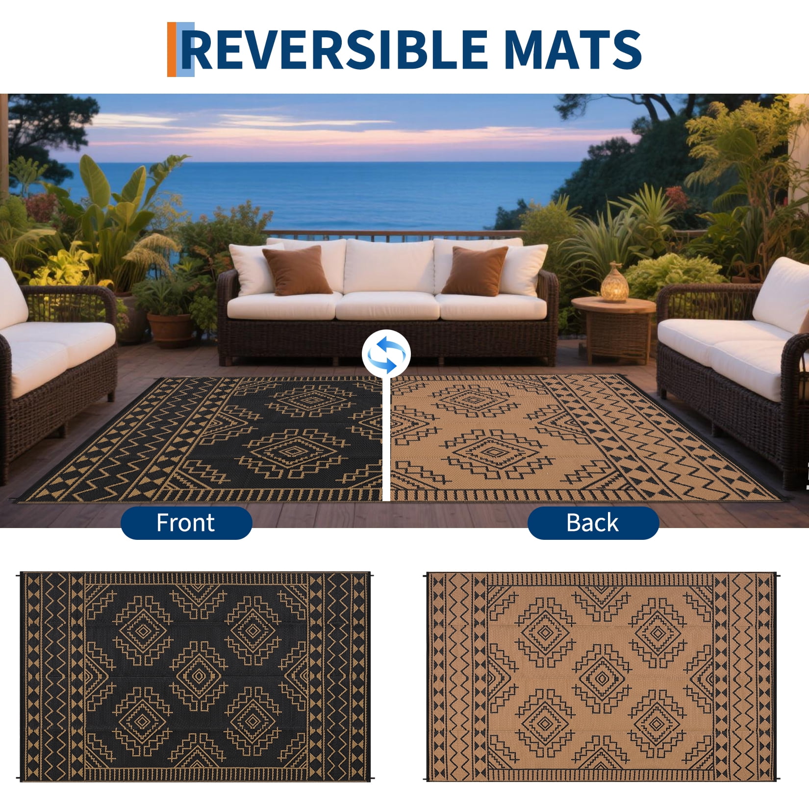 Nanan 9'x12' Outdoor Rug Geometric Waterproof Plastic Straw Rug, Reversible Portable Camping Rug for Patio Balcony Deck Backyard, Black Brown
