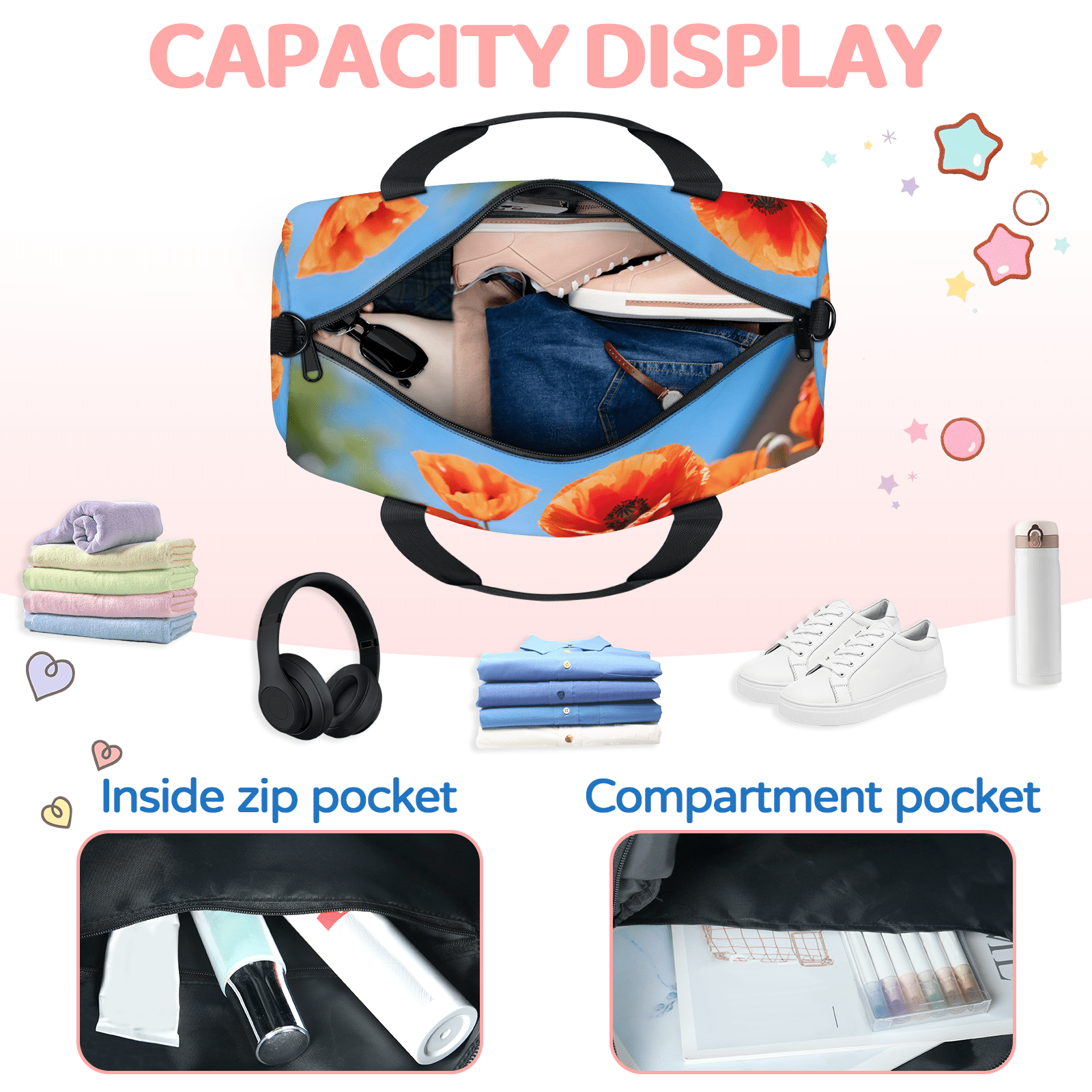 Herdesigns Poppy Flowers Gym Bag for Women, Duffle Bag for Travel Sport, Lightweight Waterproof Carry on Weekender Overnight Dance Yoga Workout Bags