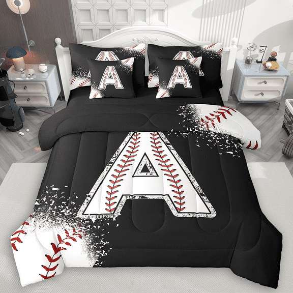 Manfei Baseball Sport Twin Bedding Sets 7pcs for Kids Teens, Black White Bedding Comforter Set, Monogrammed Letter A Sheet Sets, Lightweight Room Decor