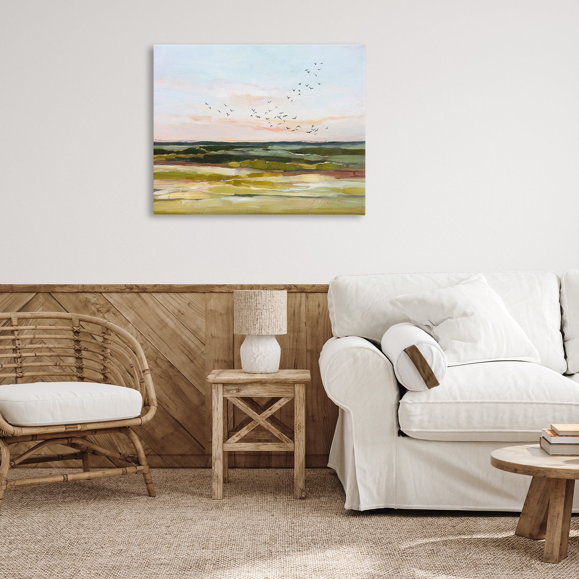Stupell Industries Bird Flock over Grassland Landscape & Nature Painting Wrapped Canvas Art Print Wall Art, 40 x 30