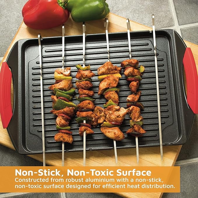 Jean-Patrique Stove Top Griddle with Handles + 6 Stainless Steel Skewers - Cast Aluminum Flat Top Griddle with Metal Skewers for Grilling