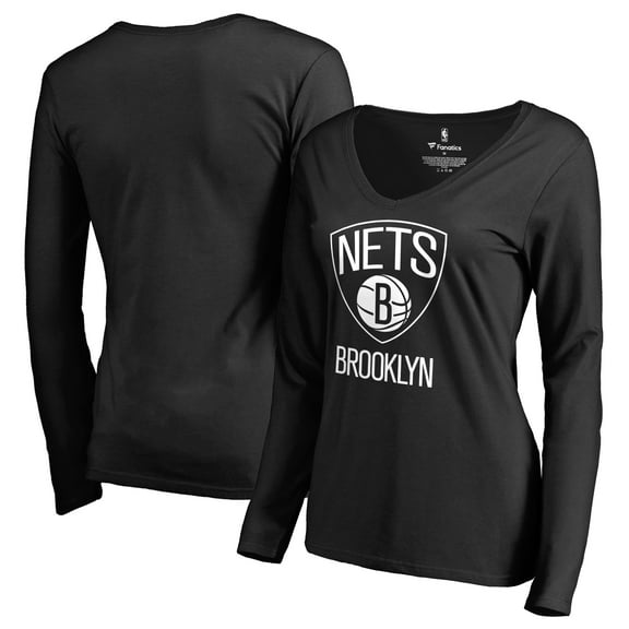 Women's Black Brooklyn Nets Primary Logo V-Neck Long Sleeve T-Shirt