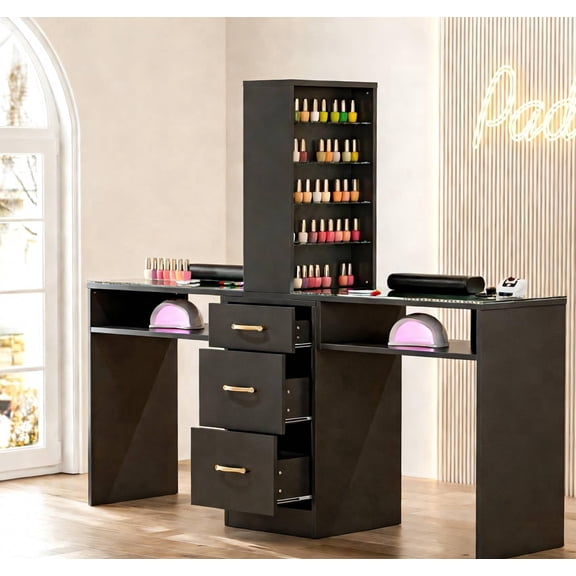 Double Manicure Table for Nail Tech with Drawers, Nail Desk Station w/3 Storage Drawers & 8-Tiers Open Shelves, Nail Spa Beauty Salon Workstation (Black)